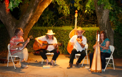 band playing in evening setting under trees